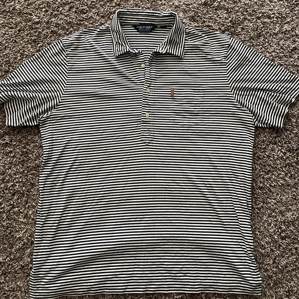 Ralph Lauren Mens Large Black White Striped Short Sleeve Polo Golf Shirt